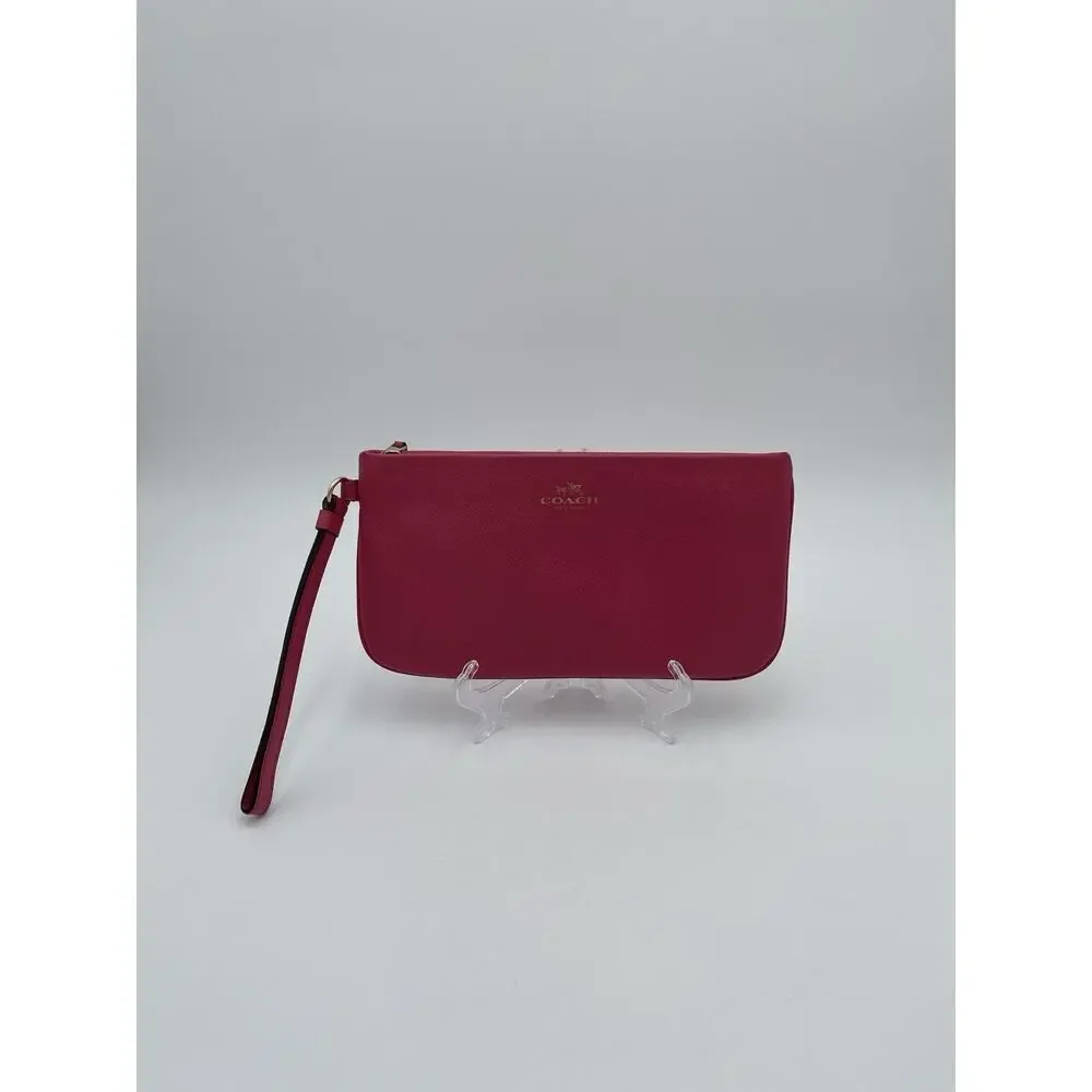 COACH Wristlet Pink Crossgrain Leather Large 9” X 5” Clutch Zip Card Slots NY